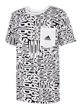 Adidas White Black All-Over Logo Print Pocket Graphic Crewneck Tee Boys XL 14/16